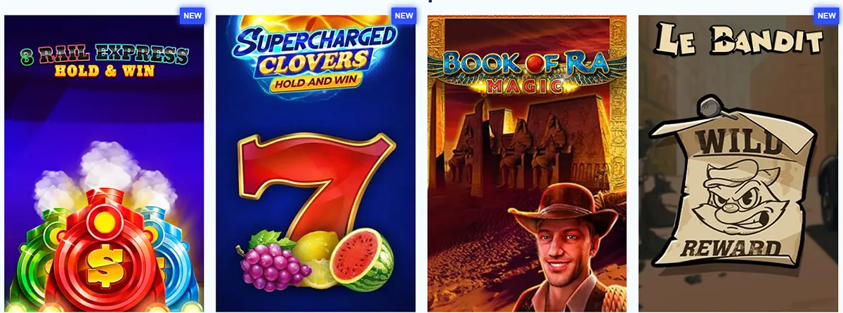 Featured online slot games including 3 Rail Express Hold and Win, Supercharged Clovers Hold and Win, Book of Ra Magic, and Le Bandit