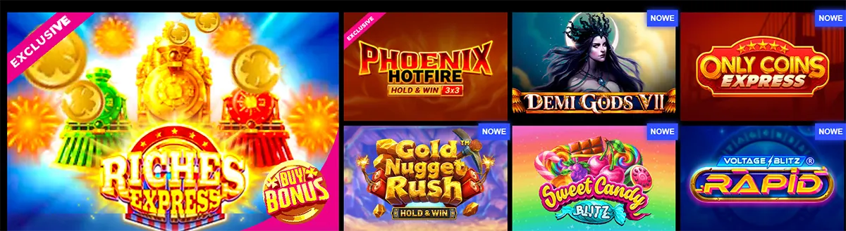 Featured online slot games including exclusive and new titles with hold and win, bonus buy, and rapid play features