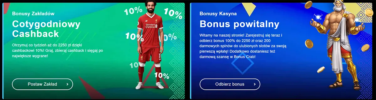 Online betting and casino promotions featuring a football player with weekly cashback and a mythological character with a welcome bonus